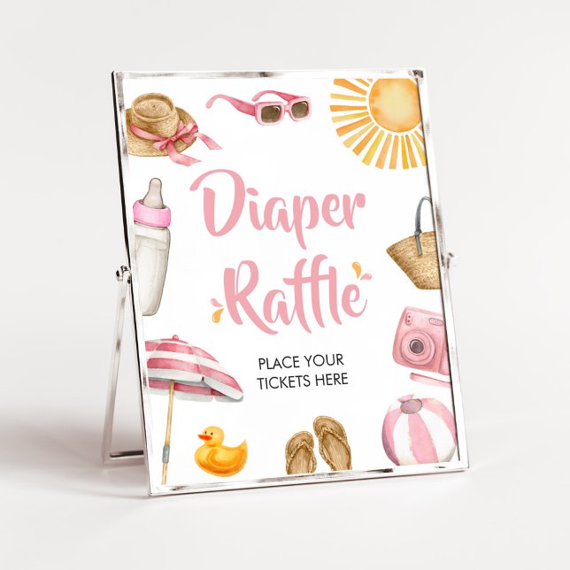 Pink Splish Splash Baby Shower Diaper Raffle Poster (Girl Summer Beach Baby Shower Diaper Raffle Sign)