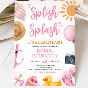 Pink Splish Splash Beach Bash Birthday Invitation