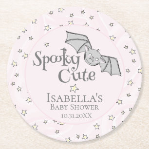 Pink Spooky Cute Baby Bat, Stars & Moons Round Paper Coaster
