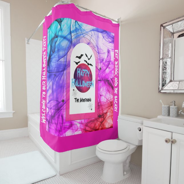 Pink Spooky Full Moon Bats Happy Halloween Shower Curtain (In Situ)