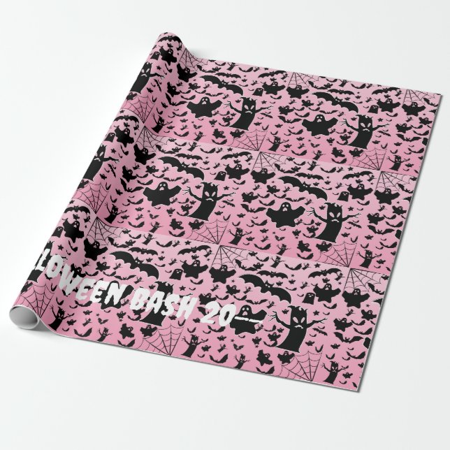 Pink Spooky Ghost Bash Pattern Art Wrapping Paper (Unrolled)