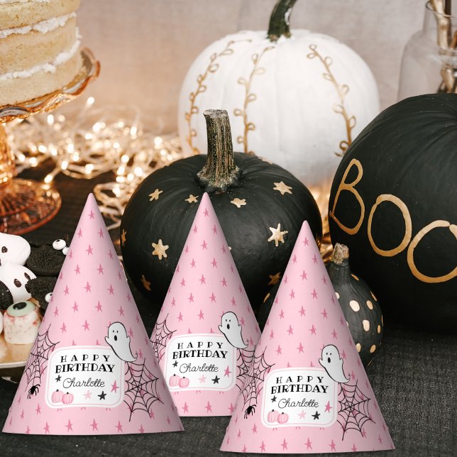 Pink Spooky Halloween Happy Birthday Name Party Hat (Creator Uploaded)