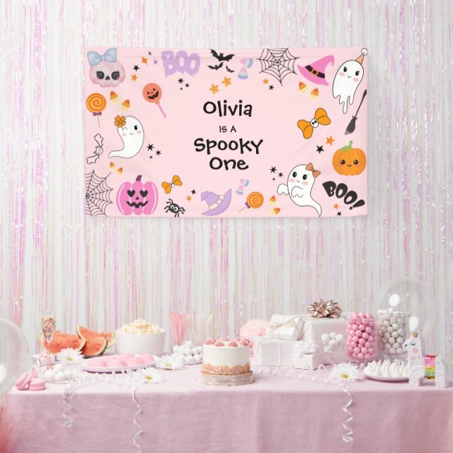 Pink Spooky One Cute Ghost Halloween 1st Birthday  Banner (Party)