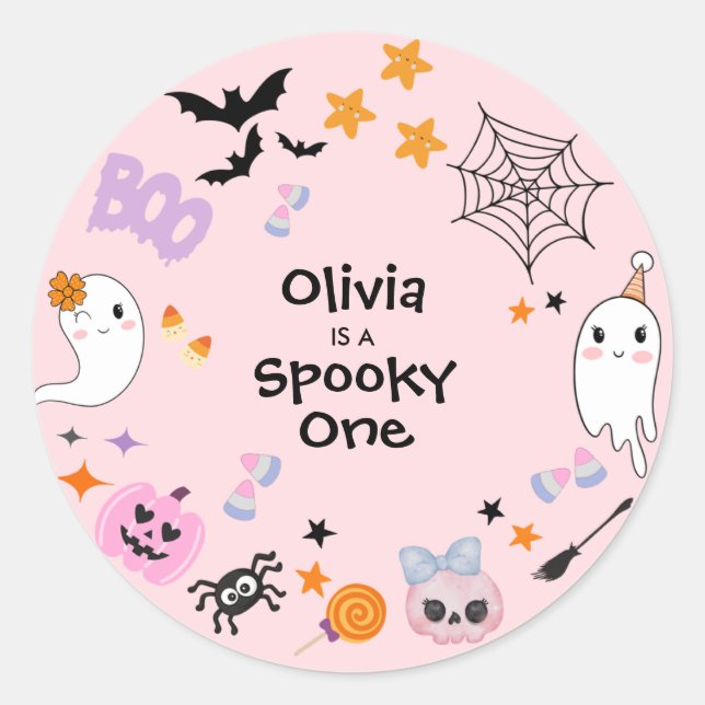 Pink Spooky One Cute Ghost Halloween 1st Birthday  Classic Round Sticker (Front)