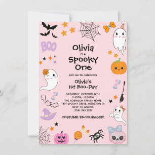 Pink Spooky One Cute Ghost Halloween 1st Birthday Invitation