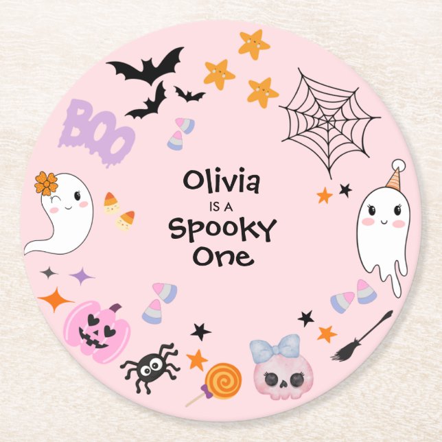 Pink Spooky One Cute Ghost Halloween 1st Birthday  Round Paper Coaster (Front)