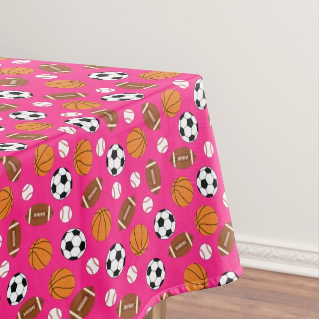 Pink Sports Birthday Party Tablecloth (In Situ)