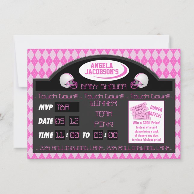 Pink Sports Football Scoreboard Baby Girl Shower Invitation (Front)