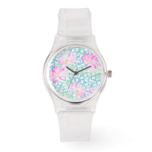 Pink Sporty Watch: Pink Roses, White Butterflies Watch