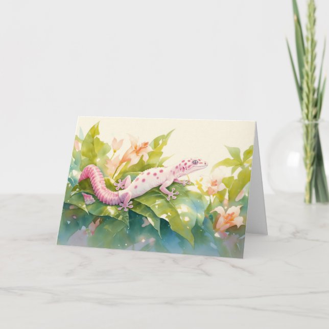 Pink-Spotted Gecko in a Tropical Bloom Card (Front)