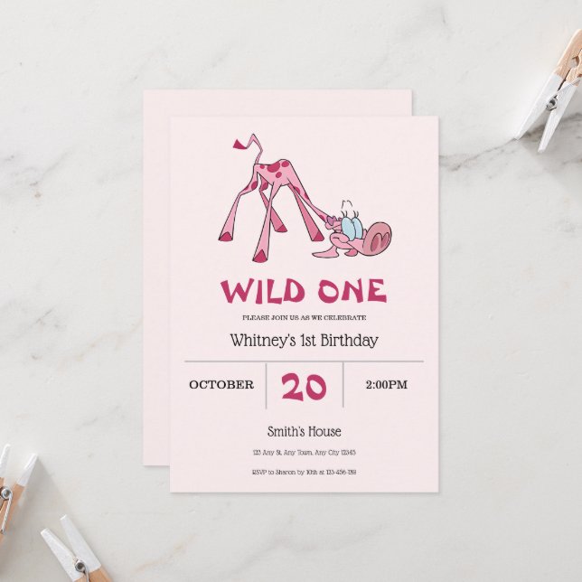 Pink Spotted Giraffe 1st Birthday Invitation (Front/Back In Situ)