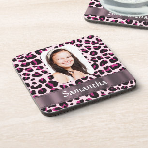 Pink spotty leopard print photo template coaster