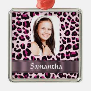Pink spotty leopard print photo template metal tree decoration