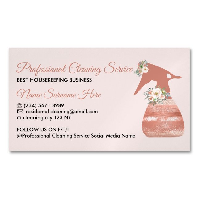 Pink Spray Flower Glamour Cleaning Service Magnetic Business Card (Front)