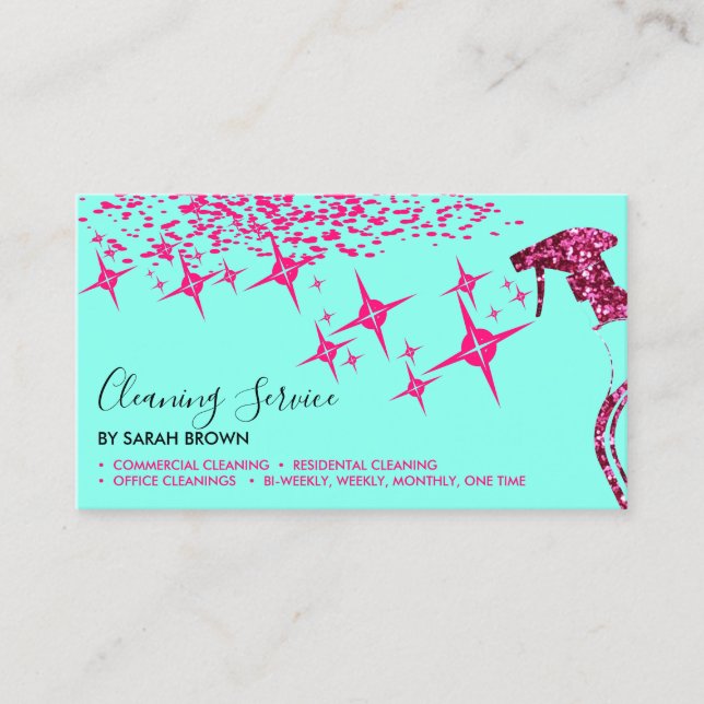 Pink Spray Teal Maid Cleaning House Sparkling Business Card (Front)