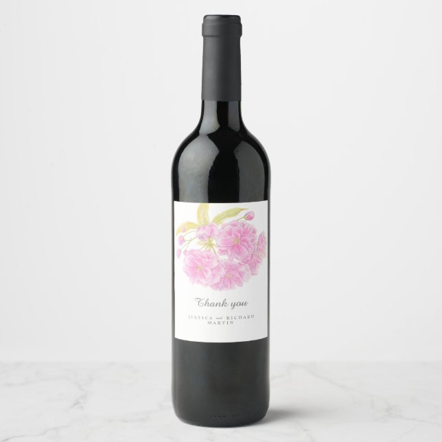 Pink spring blossom art wedding thank you favours wine label (Front)