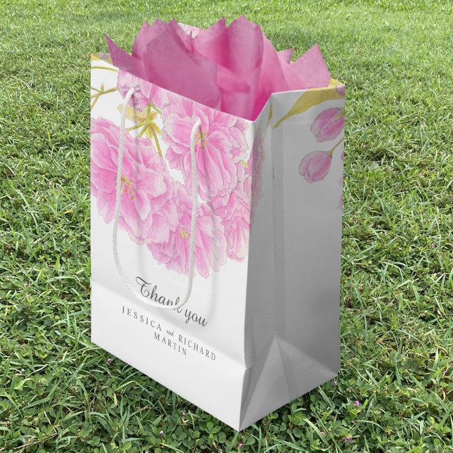 Pink spring blossom flowers art wedding thank you medium gift bag (Creator Uploaded)
