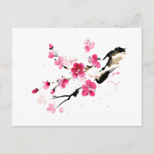 Pink Spring Blossoms Calligraphic Ink Art Postcard