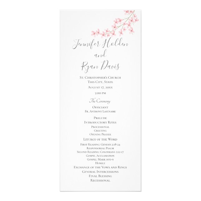 Pink Spring Blossoms Wedding Program Rack Card (Front)