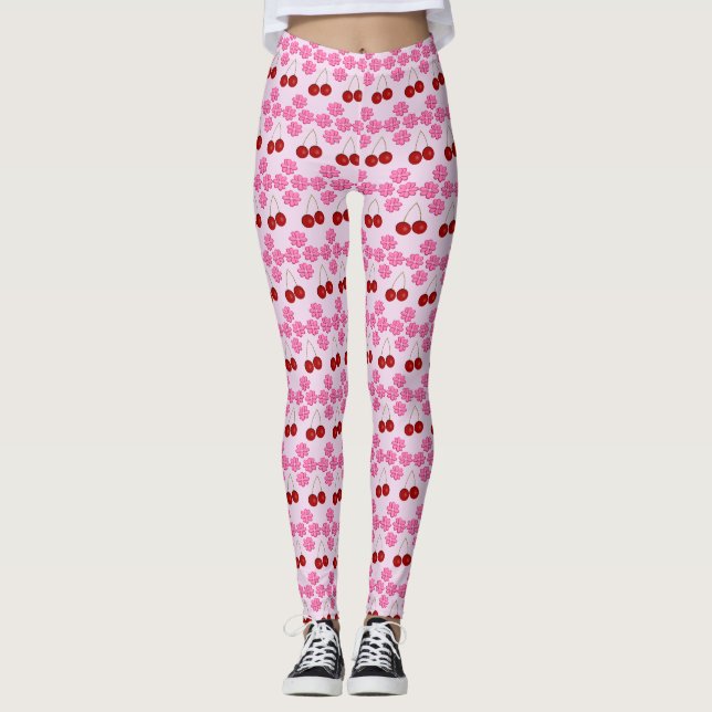 Pink Spring Cherry blossom and cherries Leggings (Front)