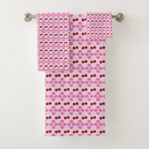 Pink Spring Cherry blossom and cherries Patterned Bath Towel Set