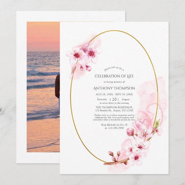 Pink Spring Cherry Blossom Celebration of Life Invitation (Front/Back)