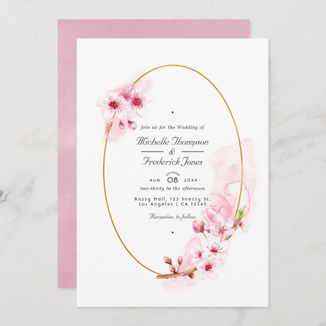 Pink Spring Cherry Blossom QR Code RSVP Wedding Invitation (Front/Back)
