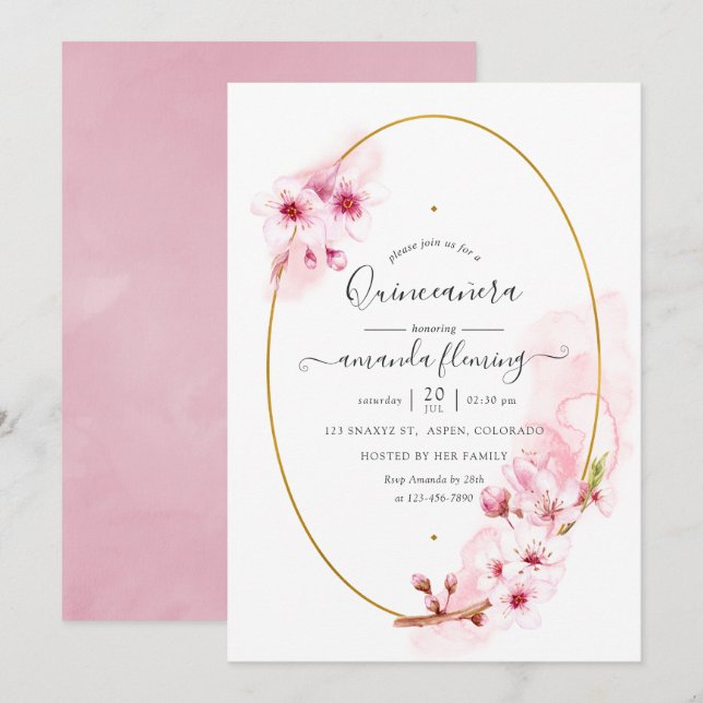 Pink Spring Cherry Blossom Quinceañera Invitation (Front/Back)