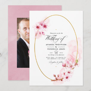Pink Spring Cherry Blossom Wedding Photo Invitation