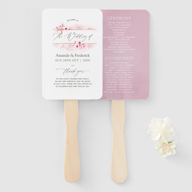 Pink Spring Cherry Blossom Wedding Program Hand Fan (Front and Back)