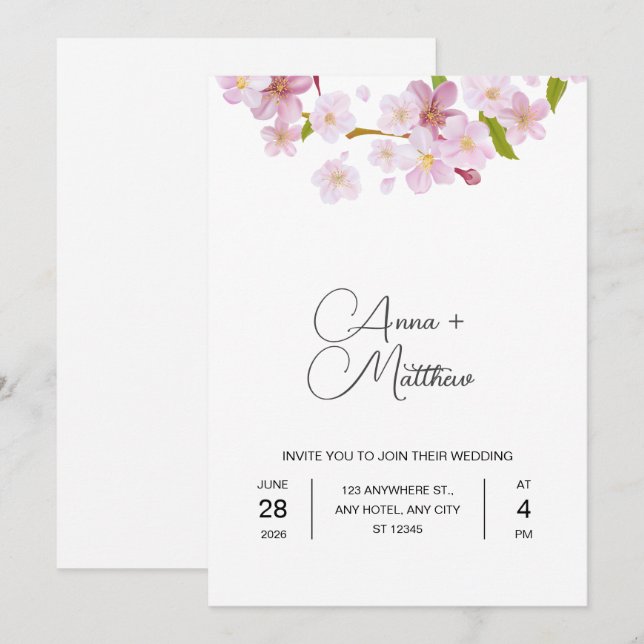 Pink Spring Cherry Flower Wedding Invitation Card (Front/Back)