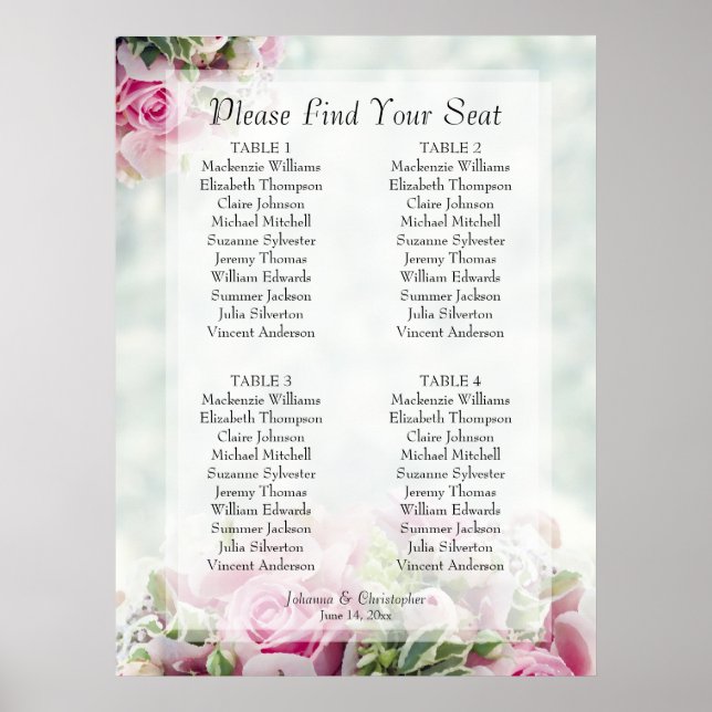 Pink Spring Floral 4 Table Wedding Seating Chart (Front)