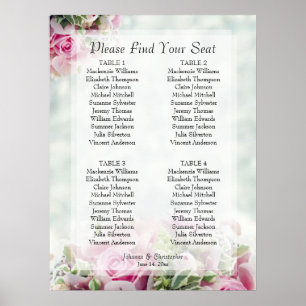 Pink Spring Floral 4 Table Wedding Seating Chart