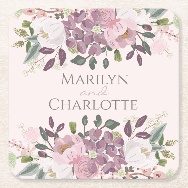 Pink Spring  Floral Bouquet Wedding  Square Paper Coaster (Front)