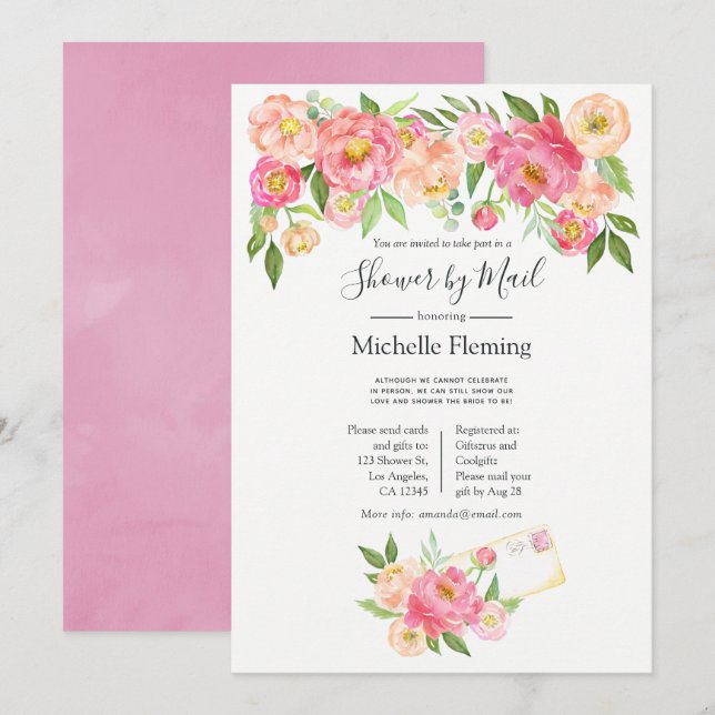 Pink Spring Floral Bridal or Baby Shower by Mail Invitation (Front/Back)