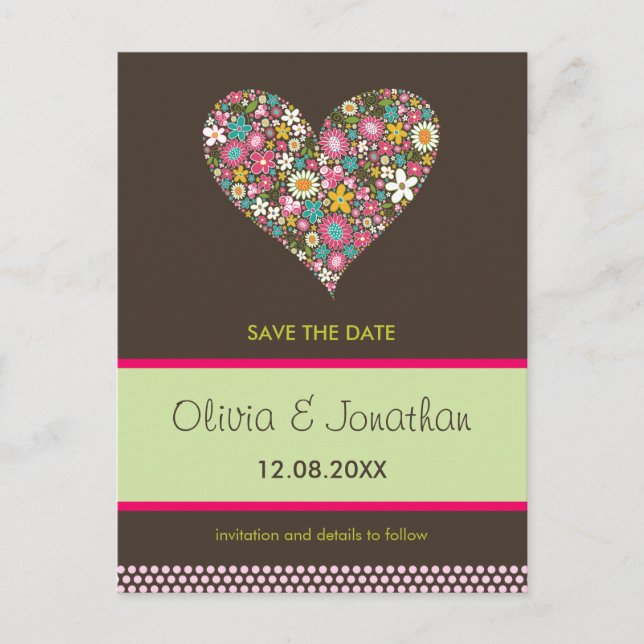Pink Spring Flowers Heart Save The Date Postcard (Front)