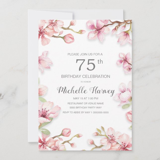 Pink Spring Garden Floral 75th Birthday Party Invitation (Front)