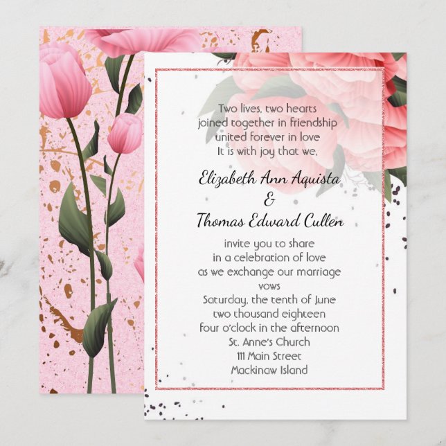 Pink Spring Rose Floral Wedding Invitation (Front/Back)