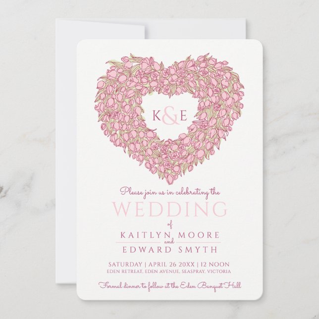 Pink spring tulips flower heart art wedding invitation (Front)