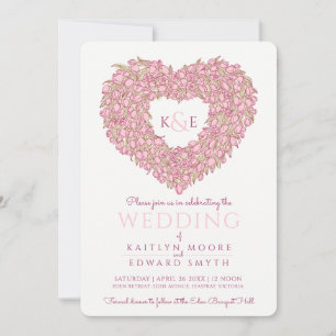 Pink spring tulips flower heart art wedding invitation