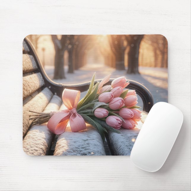 Pink Spring Tulips On Snowy Bench Mouse Mat (With Mouse)