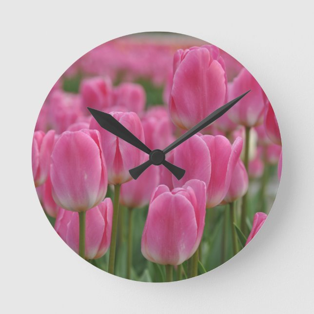 Pink spring tulips round clock (Front)