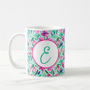 Pink spring watercolor floral pattern monogram coffee mug