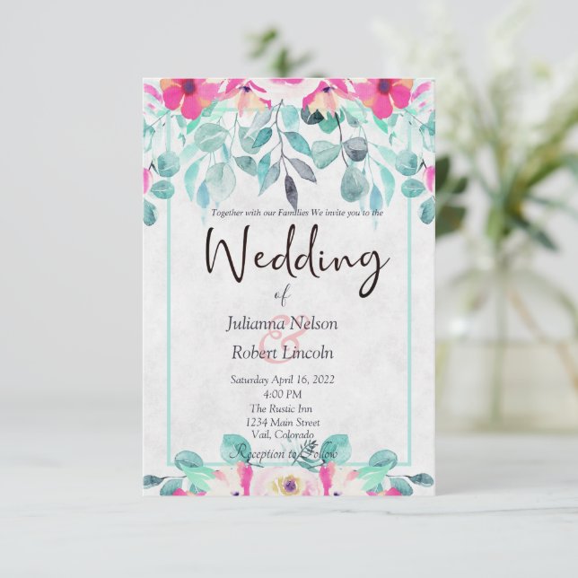 Pink spring watercolor floral wedding invitation (Standing Front)