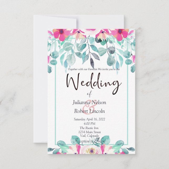 Pink spring watercolor floral wedding invitation (Front)