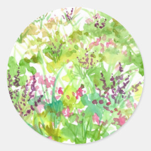 Pink Spring Watercolor Wildflowers Nature Art Classic Round Sticker