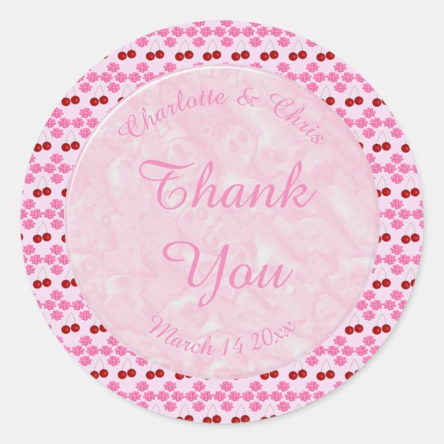 Pink Spring Wedding Cherry blossom and cherries Classic Round Sticker (Front)