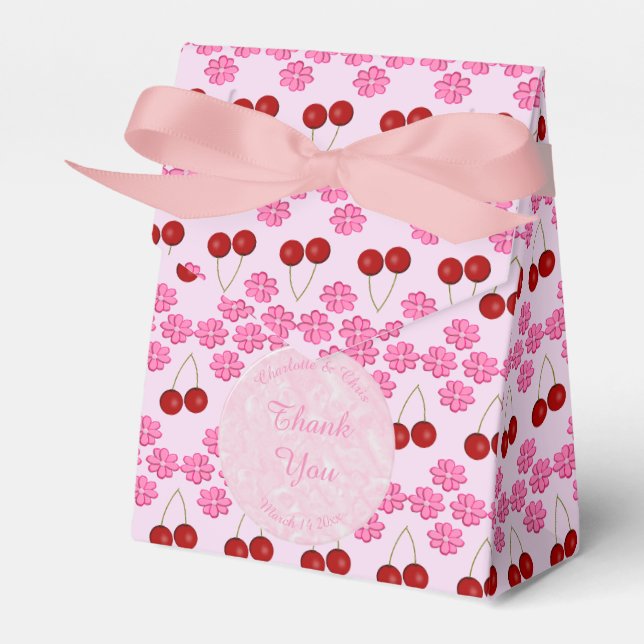 Pink Spring Wedding Cherry blossom and cherries Favour Box (Front Side)