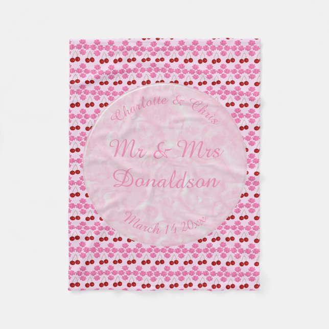 Pink Spring Wedding Cherry blossom and cherries Fleece Blanket (Front)