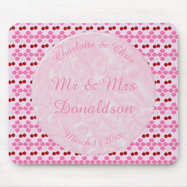 Pink Spring Wedding Cherry blossom and cherries Mouse Mat (Front)